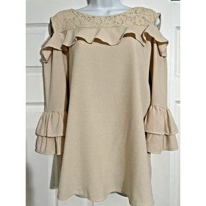 Laura Jane Womens Blouse Ruffled Off Shoulder Beige Size M Made in France